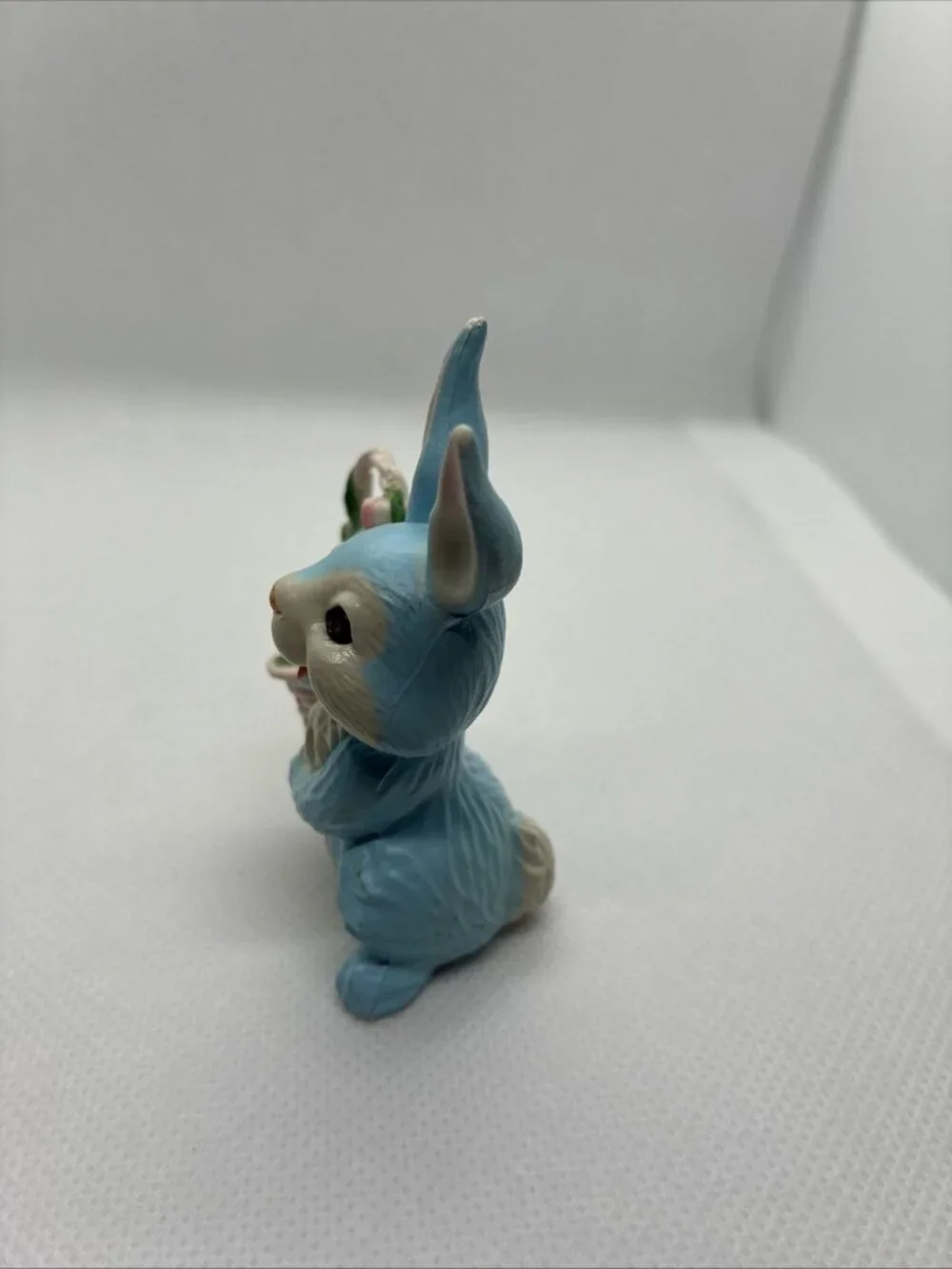 Vintage Blue Easter Bunny Figurine Basket Eggs Flowers Spring Rabbit Decor